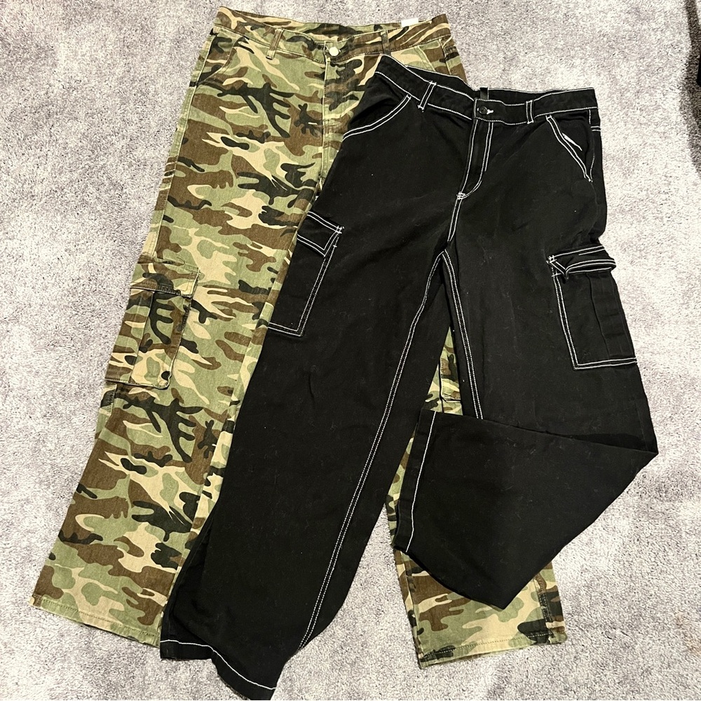 Camouflage and Black Cargo Pants Set